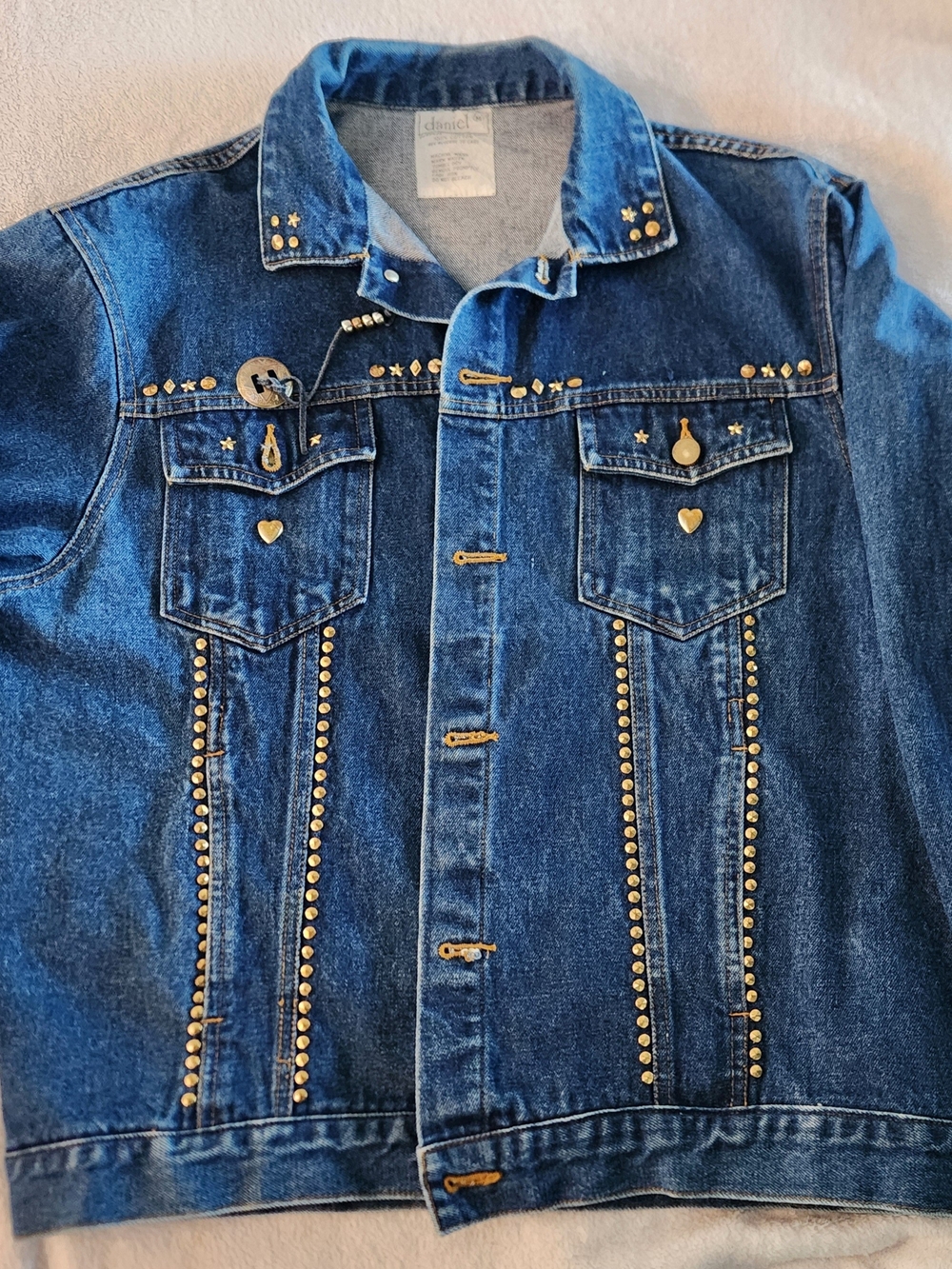Vintage Daniel Embellished Denim Studded Blue Denim Jacket with Gold Accents